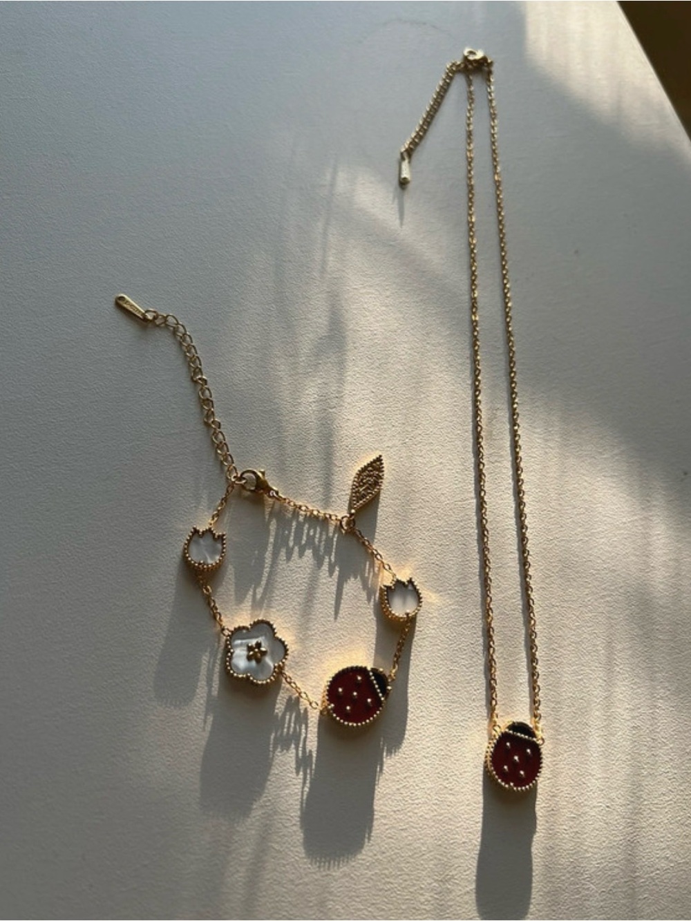 Gold-Tone Floral & Red Enamel Necklace and Bracelet Set
